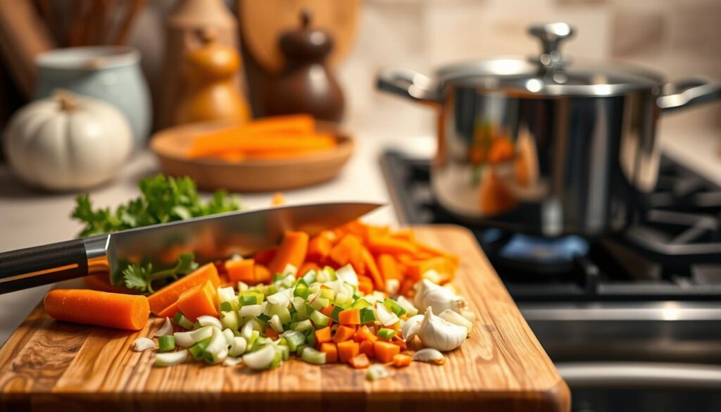 Chopping vegetables for homemade lentil soup Chopping vegetables for homemade lentil soup